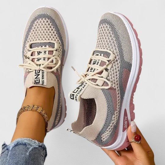 Koralyn | Beige Ankle Strap Block Sneakers
