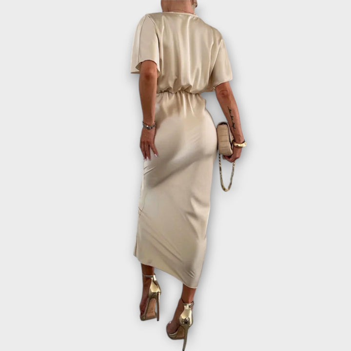 Sable | Maxi dress with V-neck and solid satin crossover knot
