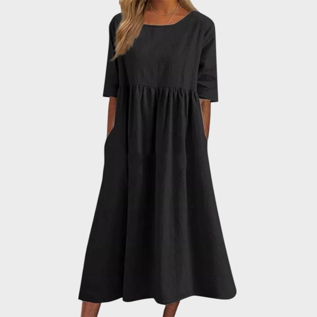 Lucia | Cotton Dress with Round Neck and Waist Detail