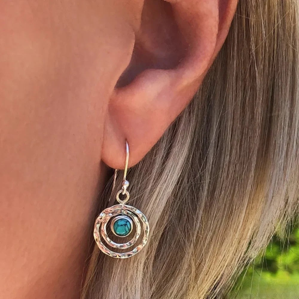 Estelle | Boho Saturn Earrings with Turquoise Stone in Silver-Tone & Gold-Tone