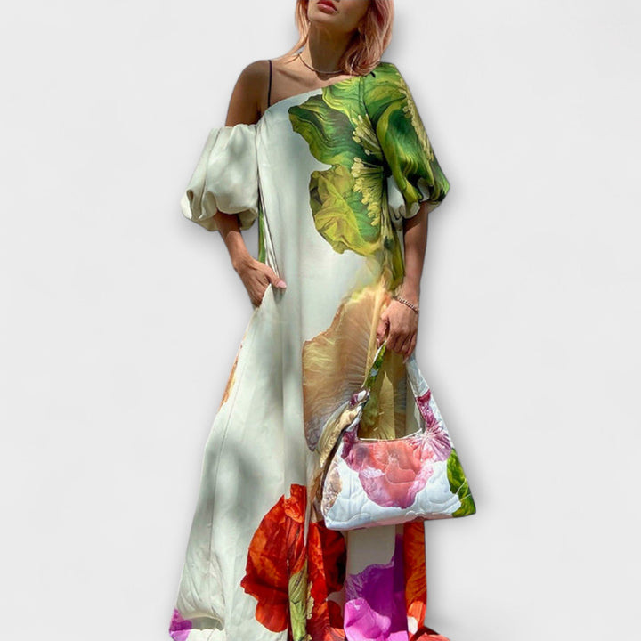 Skylar | Floral Print Maxi Dress, Asymmetrical Neckline and Balloon Sleeves