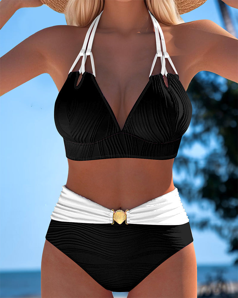 Lily | White Print High Waisted Double Strap Swimsuit with Contrast Color — view 8