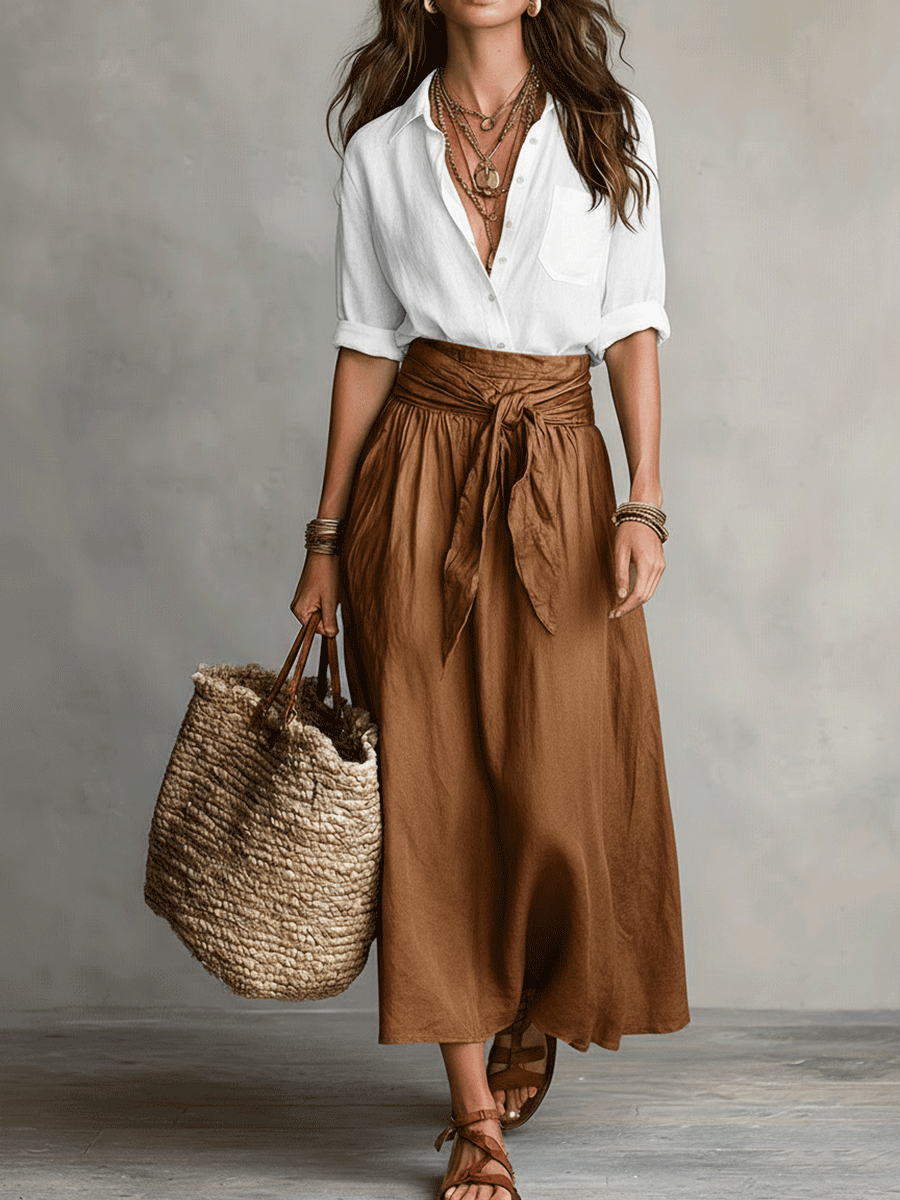 Josie | White Satin Midi Skirt & Blouse Set