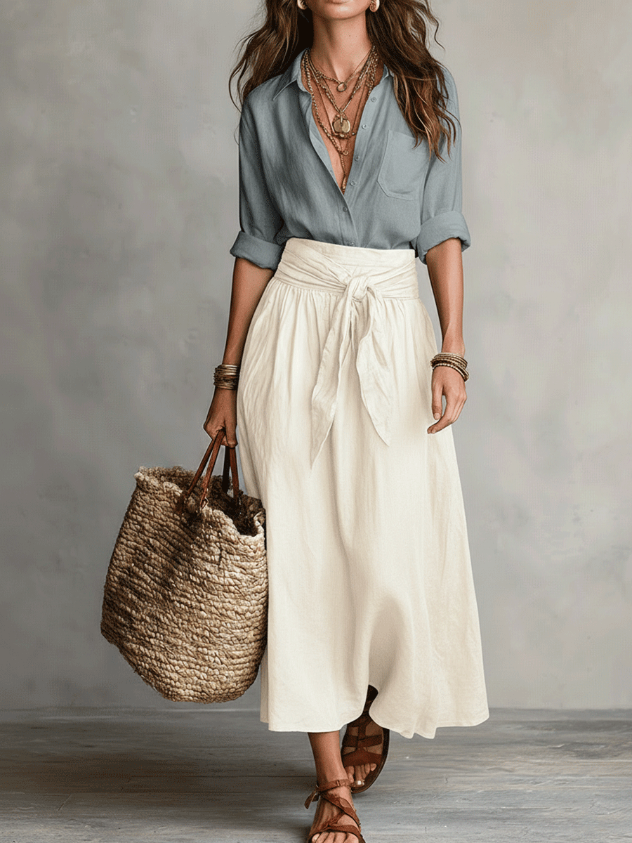 Kit | Blue Satin Midi Skirt & Blouse Set