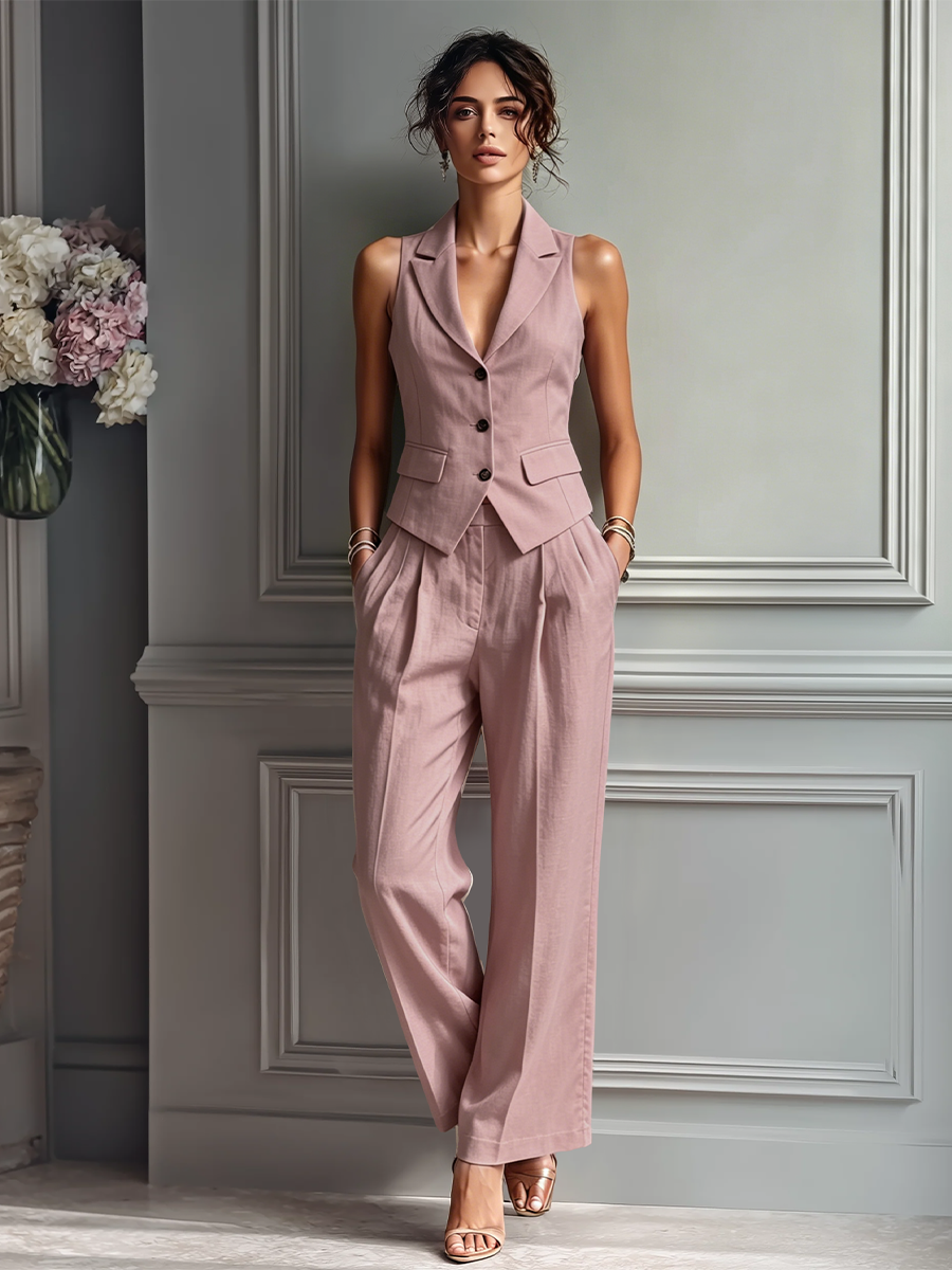 Zara | Pink Linen-Look Vest Set — view 2