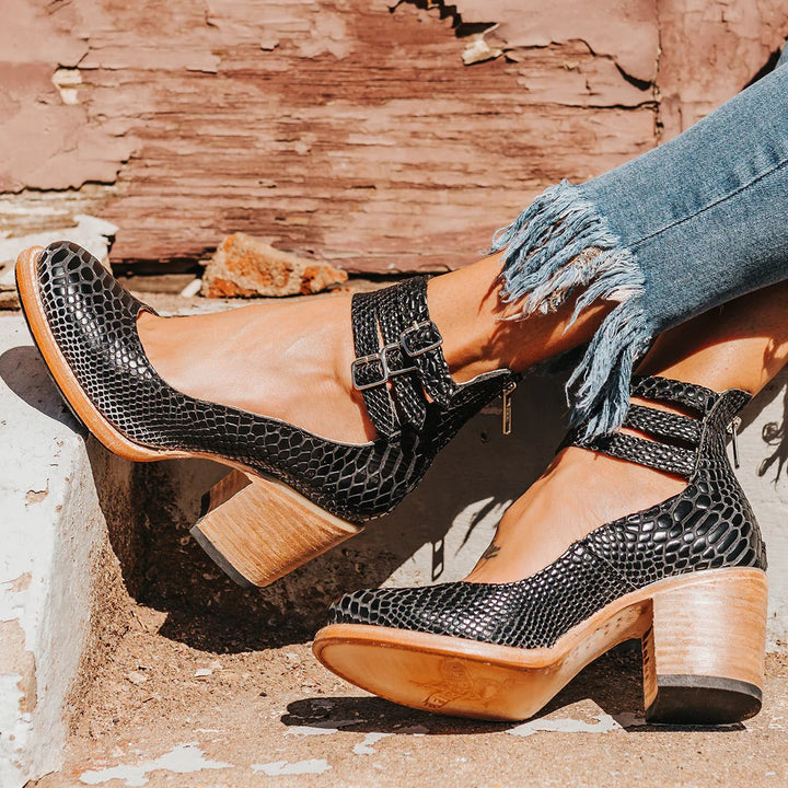 Dorothy | Black Buckle Strap Block Heel — view 7