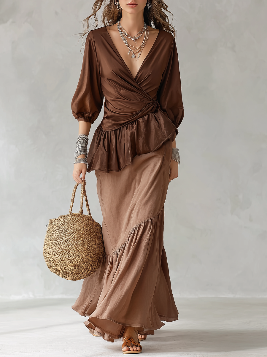 Yasmin | Brown Wrap Waist Maxi Skirt Set