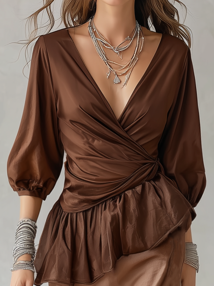 Yasmin | Brown Wrap Waist Maxi Skirt Set — view 2