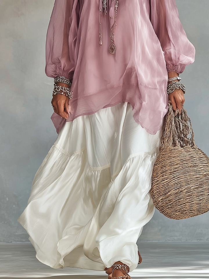Zoe | White Chiffon Top And Satin Skirt Set — view 3