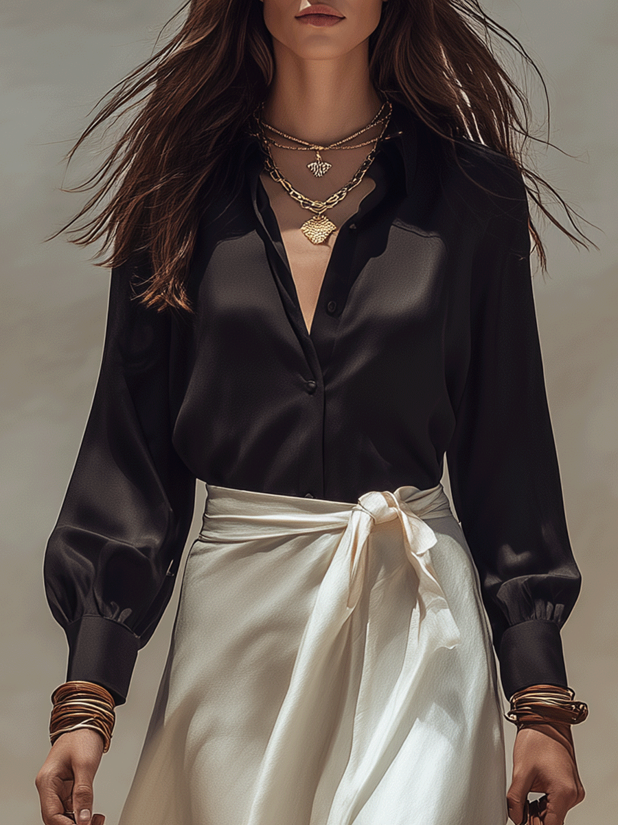 Cora | Black Effortless Chic Satin Blouse & Wrap Set — view 2
