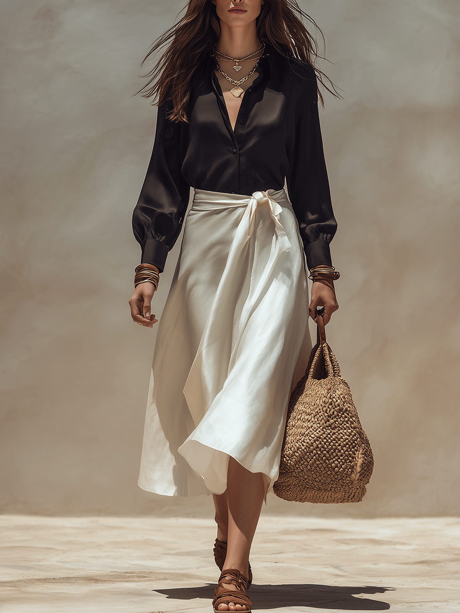 Cora | Black Effortless Chic Satin Blouse & Wrap Set