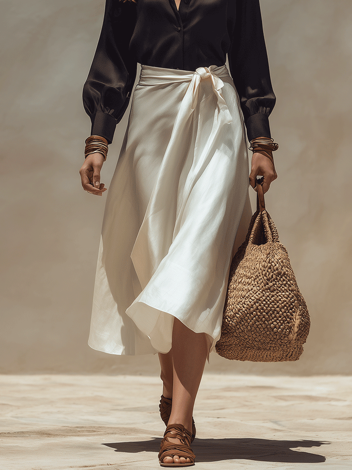 Cora | Black Effortless Chic Satin Blouse & Wrap Set — view 3