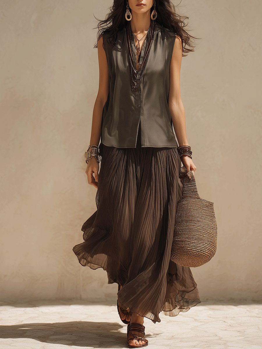 Della | Chic Dark Pleated Maxi Skirt Set