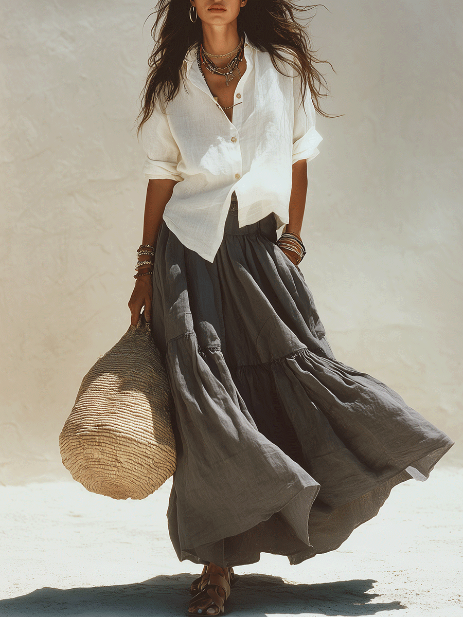 Fleur | Grey Elegance Linen-Look Shirt And Flowing Maxi Set