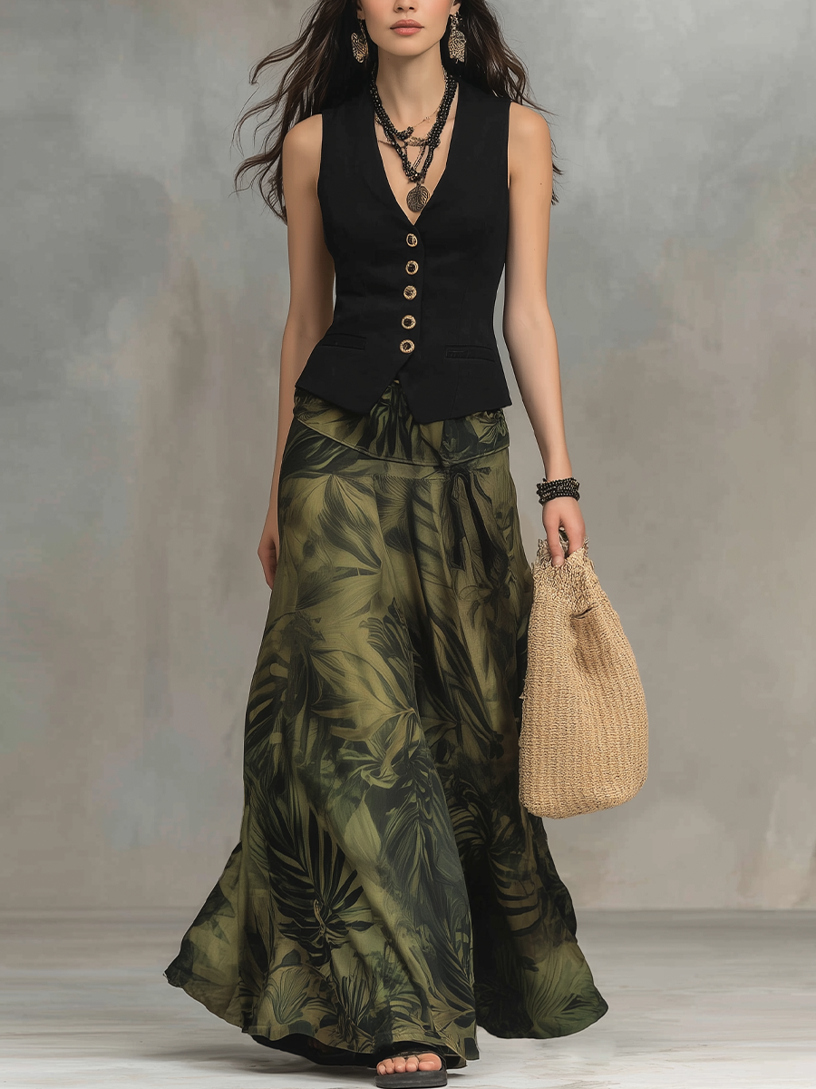 Gwen | Chic Black Tailored Vest & Printed Set
