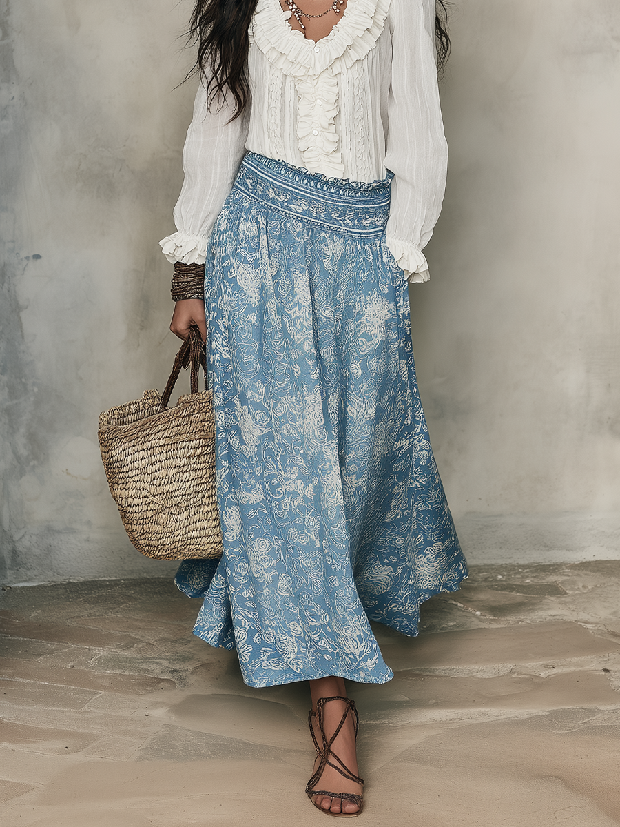 Tess | White Ruffled Shirt And Blue Jacquard Set — view 3