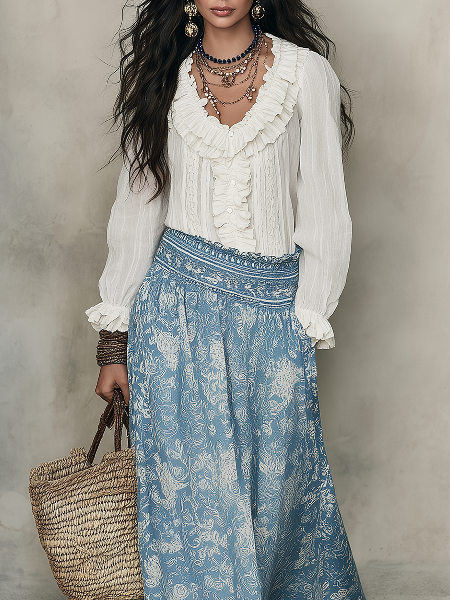 Tess | White Ruffled Shirt And Blue Jacquard Set — view 2