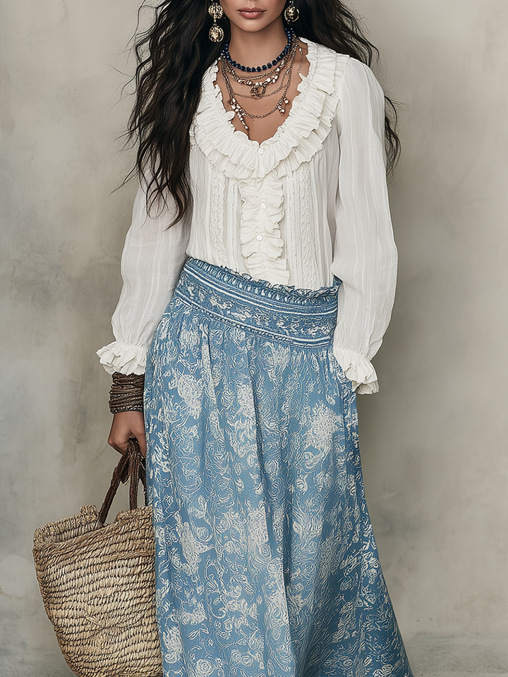 Tess | White Ruffled Shirt And Blue Jacquard Set — view 2