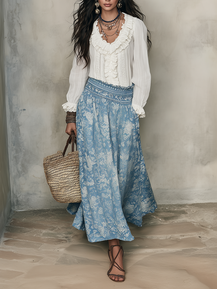 Tess | White Ruffled Shirt And Blue Jacquard Set