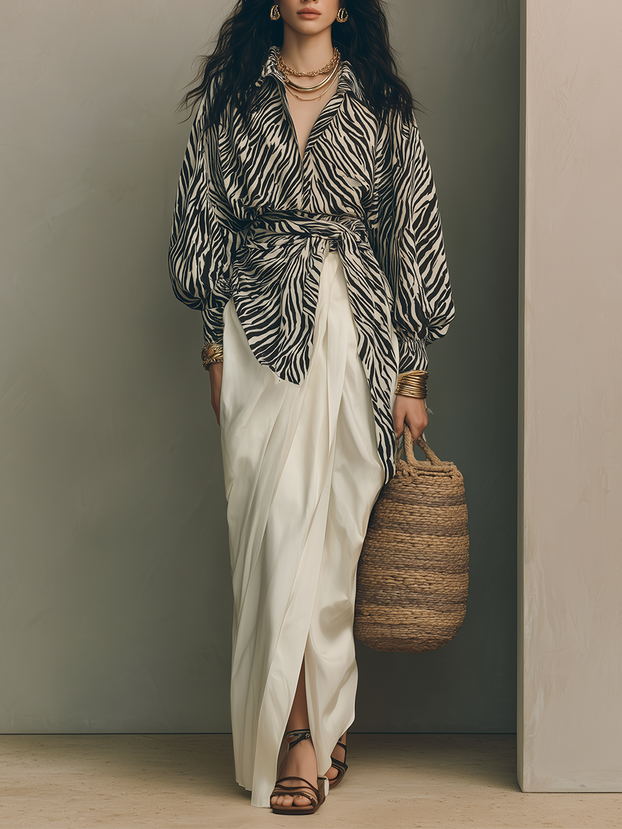 Ruby | Zebra Print Wrap Blouse & Ivory Set