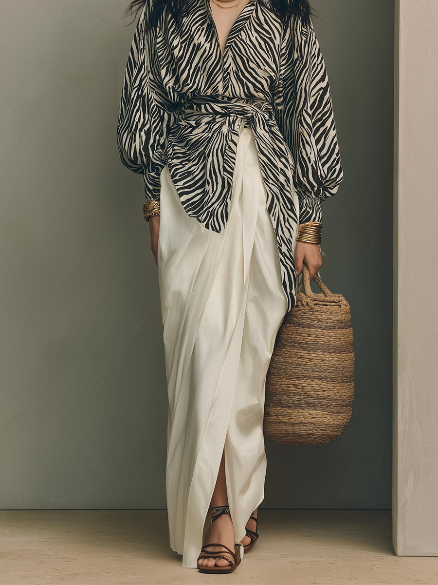 Ruby | Zebra Print Wrap Blouse & Ivory Set — view 2