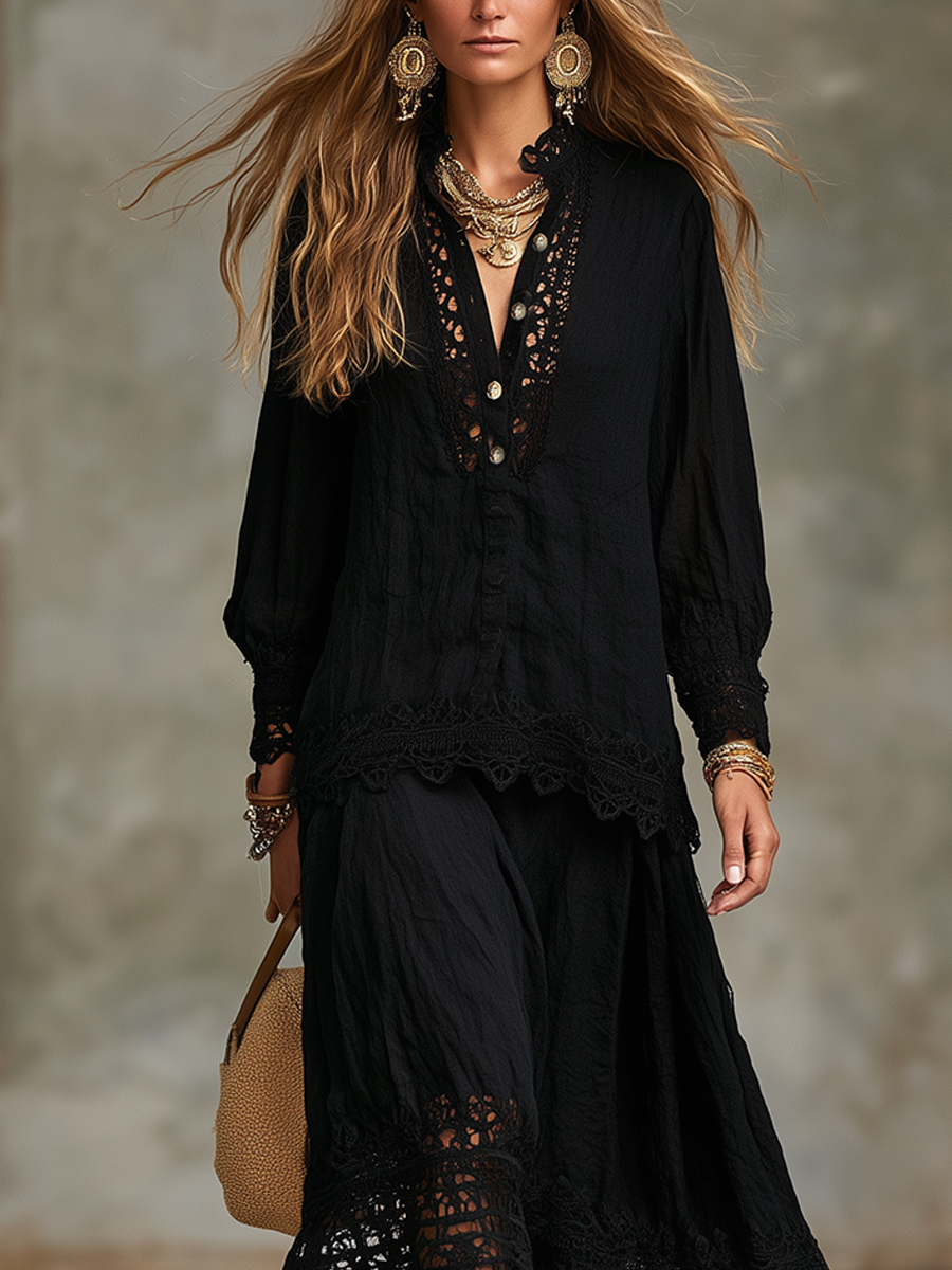 Mae | Black Lace Shirt and Skirt Set — view 2