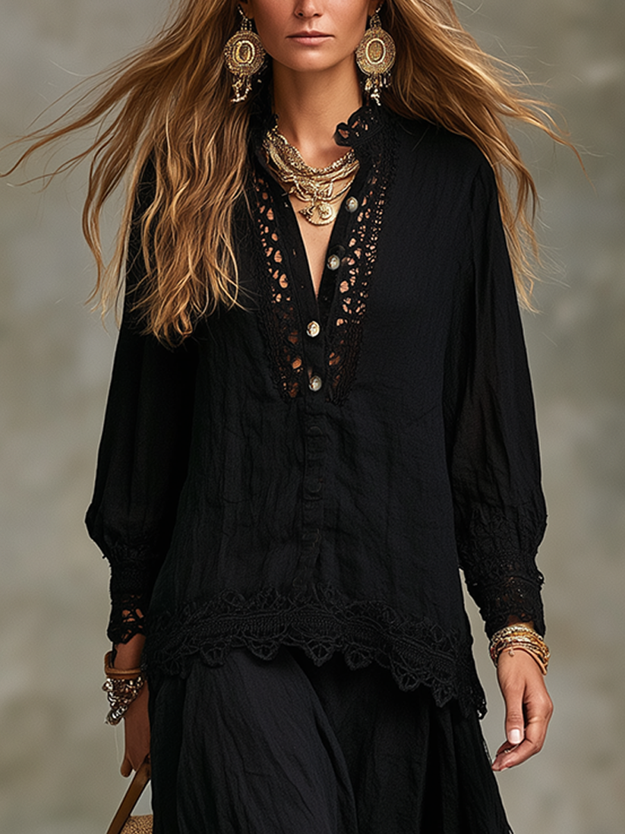 Mae | Black Lace Shirt and Skirt Set — view 3