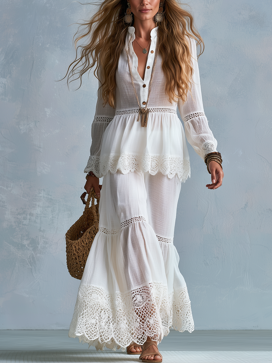 Olive | Lace Stand-up Collar Shirt And Skirt Set