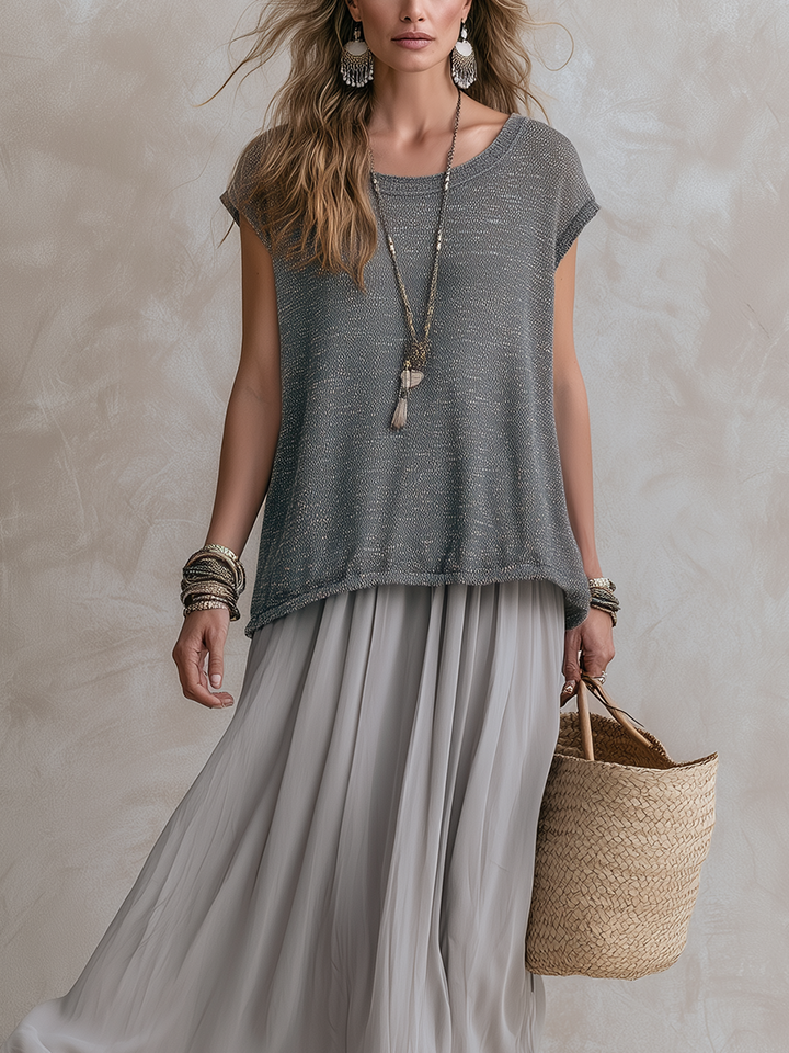 Luna | Gray Knit Top And Chiffon Skirt Set — view 2