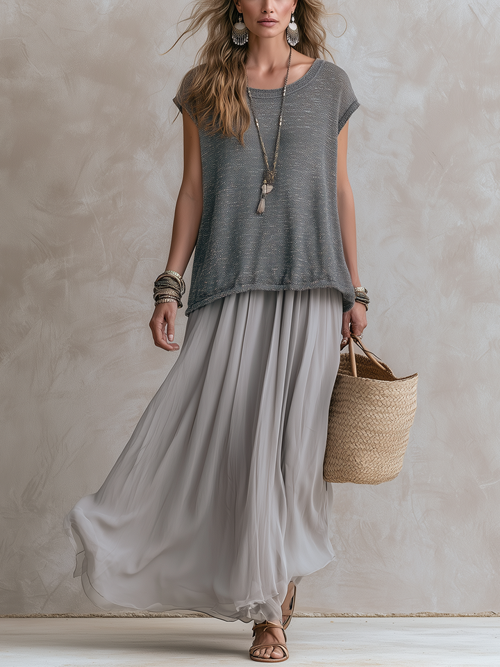 Luna | Gray Knit Top And Chiffon Skirt Set