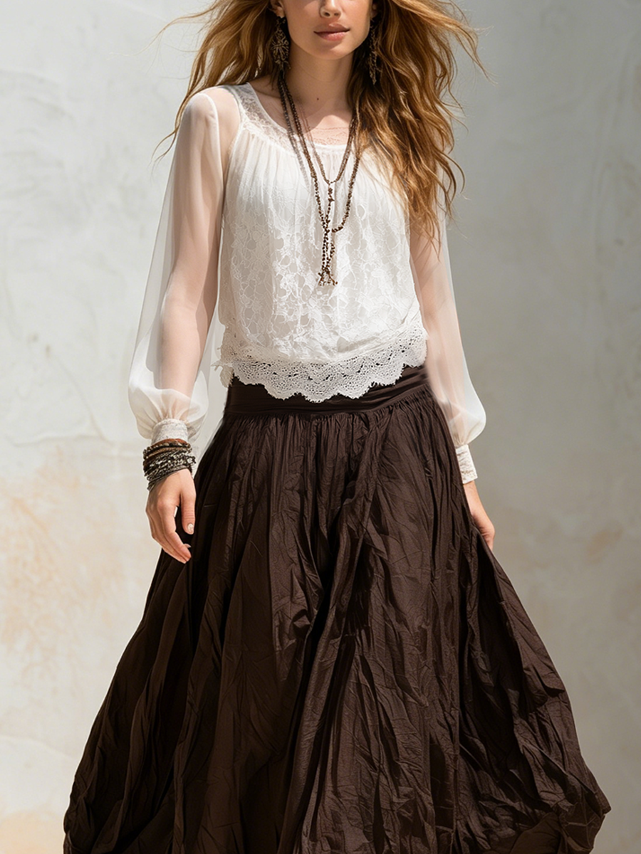 Hazel | Lace Chiffon Top And Brown Skirt Set — view 2