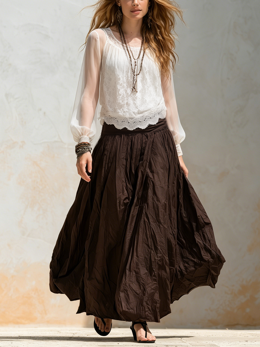 Hazel | Lace Chiffon Top And Brown Skirt Set