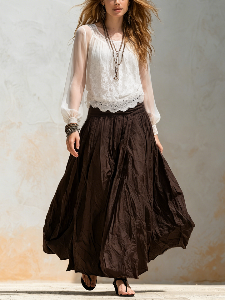 Hazel | Lace Chiffon Top And Brown Skirt Set