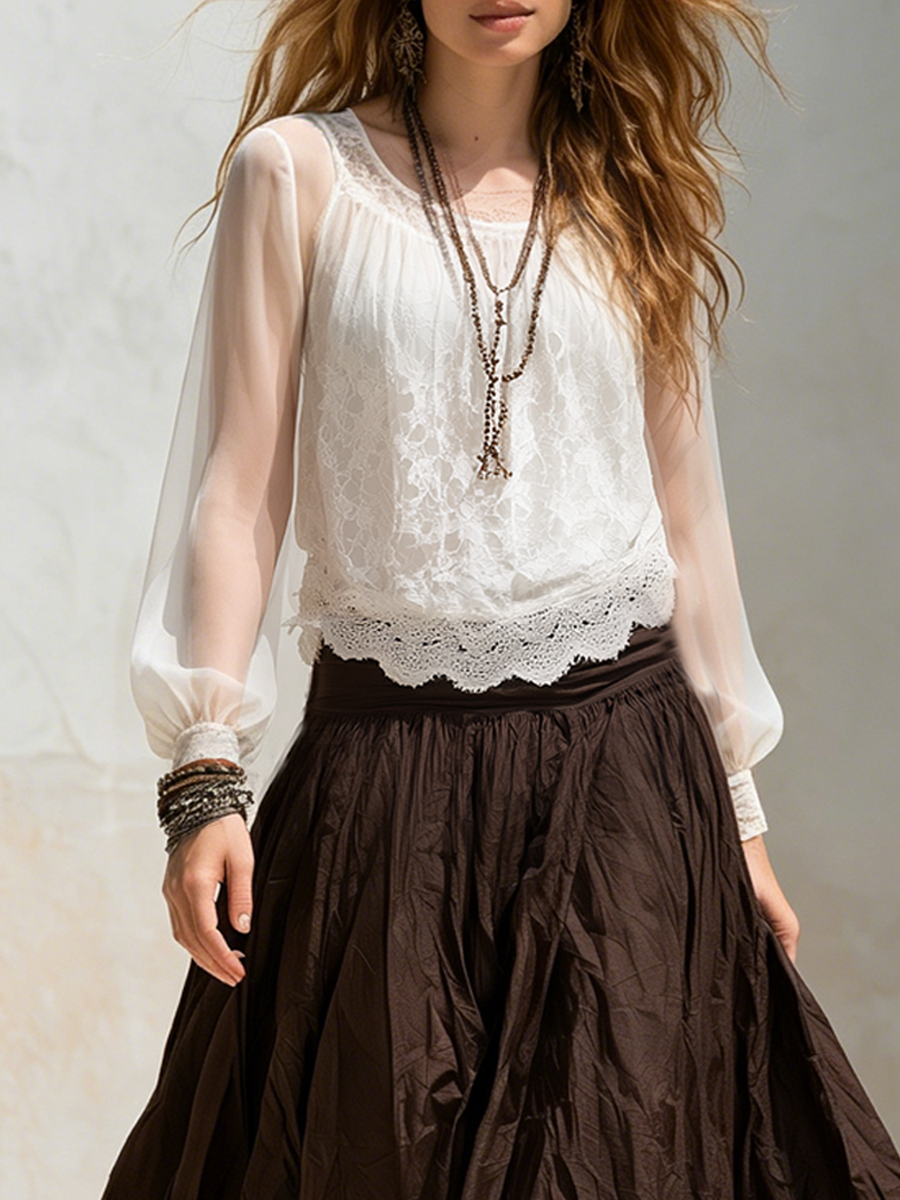 Hazel | Lace Chiffon Top And Brown Skirt Set — view 3