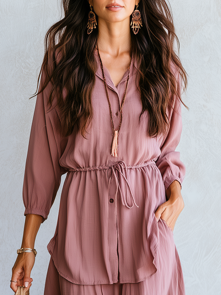 Iris | Dusty Rose Drawstring Waist Blouse Maxi Set — view 2