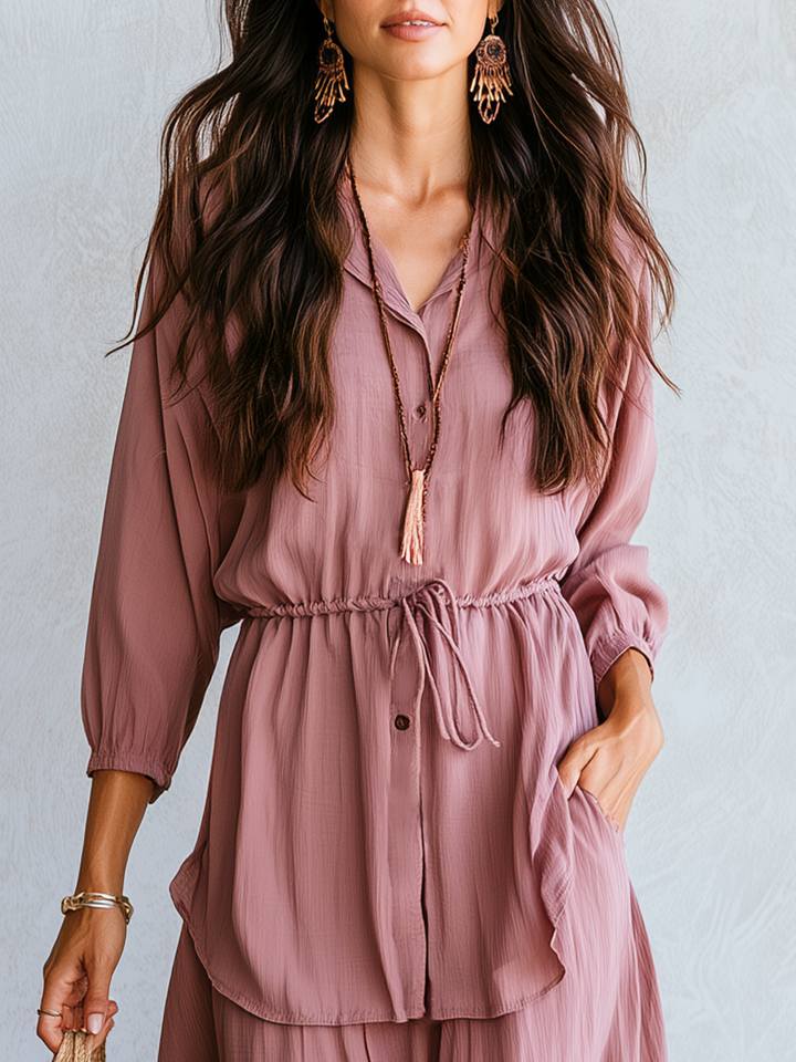 Iris | Dusty Rose Drawstring Waist Blouse Maxi Set — view 2