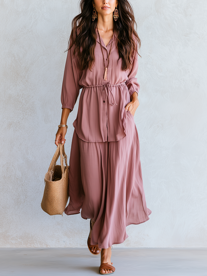 Iris | Dusty Rose Drawstring Waist Blouse Maxi Set