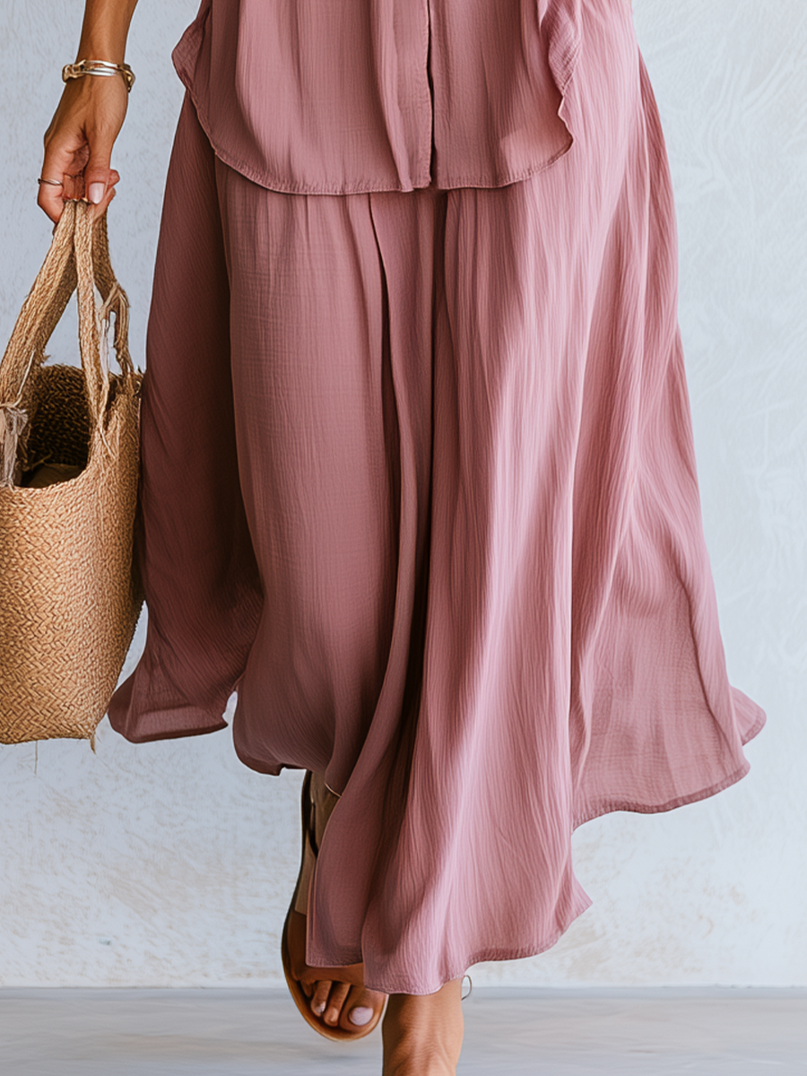 Iris | Dusty Rose Drawstring Waist Blouse Maxi Set — view 3