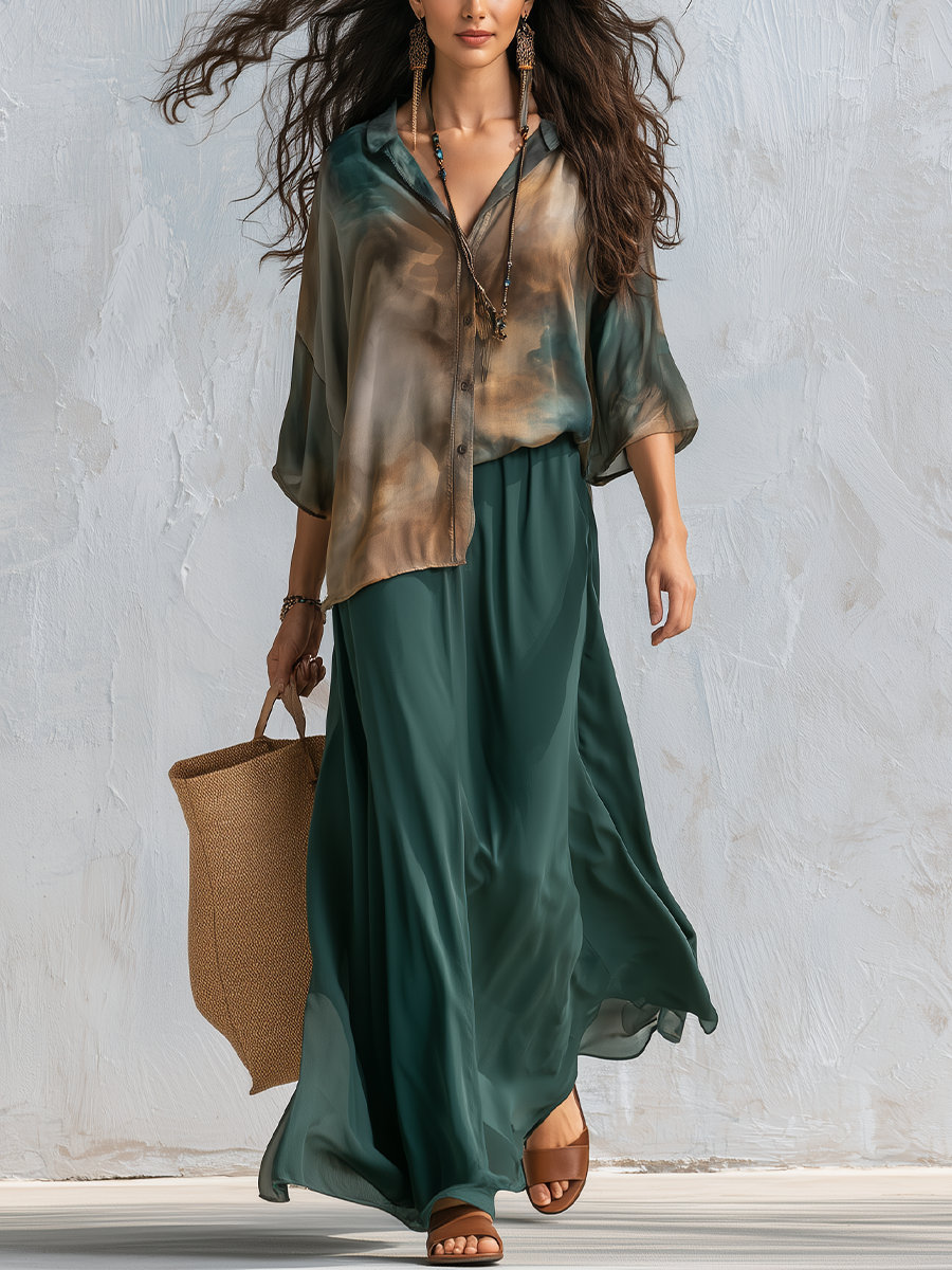 Jade | Deep Teal Printed Draped Shirt Set