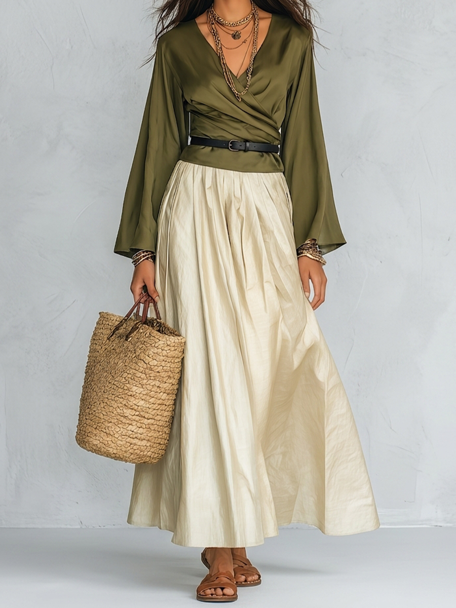 Faye | Olive Wrap Bohemian Maxi Set — view 4