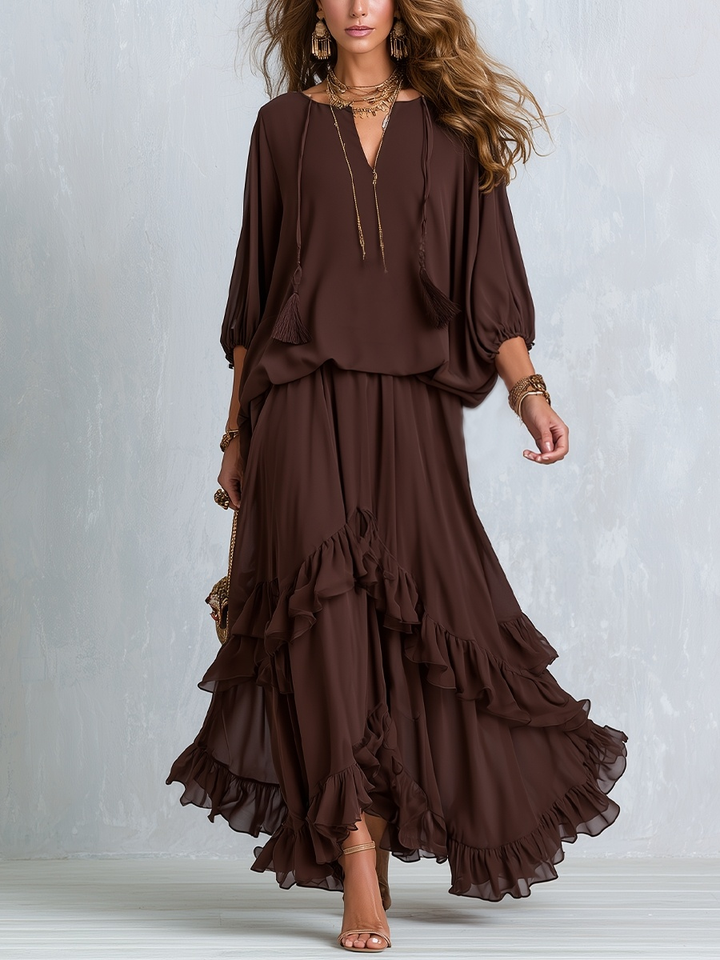 Eden | Style Brown Layered Ruffle Skirt Suit Set