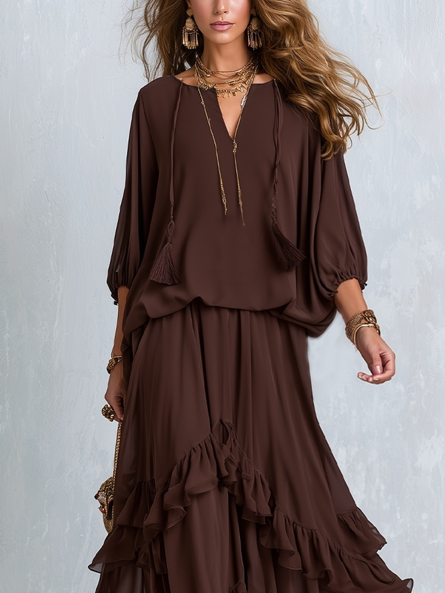 Eden | Style Brown Layered Ruffle Skirt Suit Set — view 2