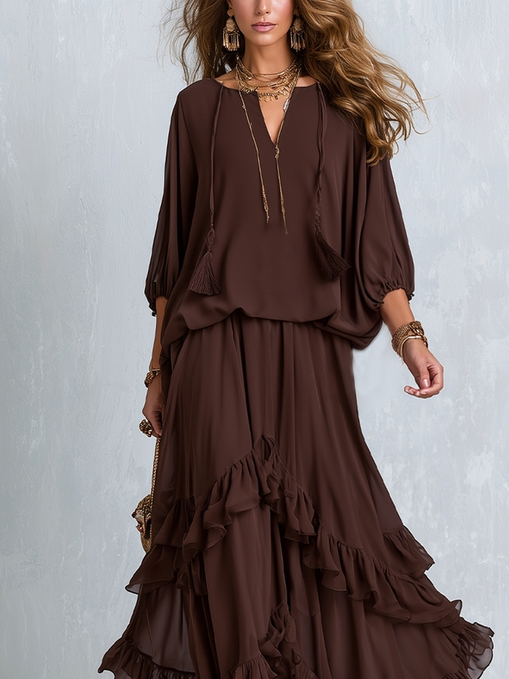 Eden | Style Brown Layered Ruffle Skirt Suit Set — view 3
