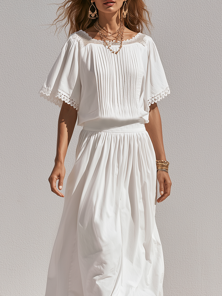 Zelda | White Lace Trim Blouse Midi Skirt Set — view 2