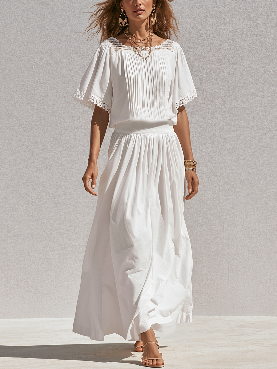 Zelda | White Lace Trim Blouse Midi Skirt Set