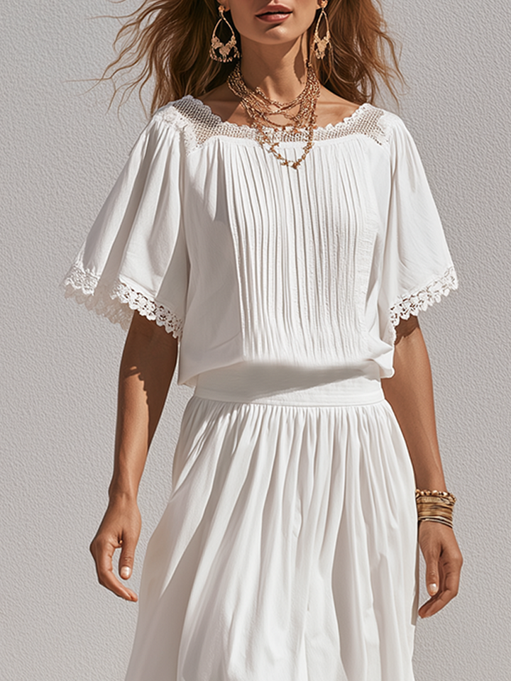 Zelda | White Lace Trim Blouse Midi Skirt Set — view 3