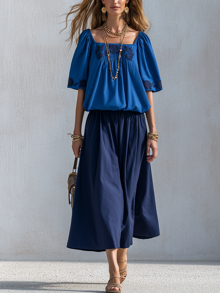 Briar | Cotton Linen-Look Blue Color-blocked Skirt Suit Set