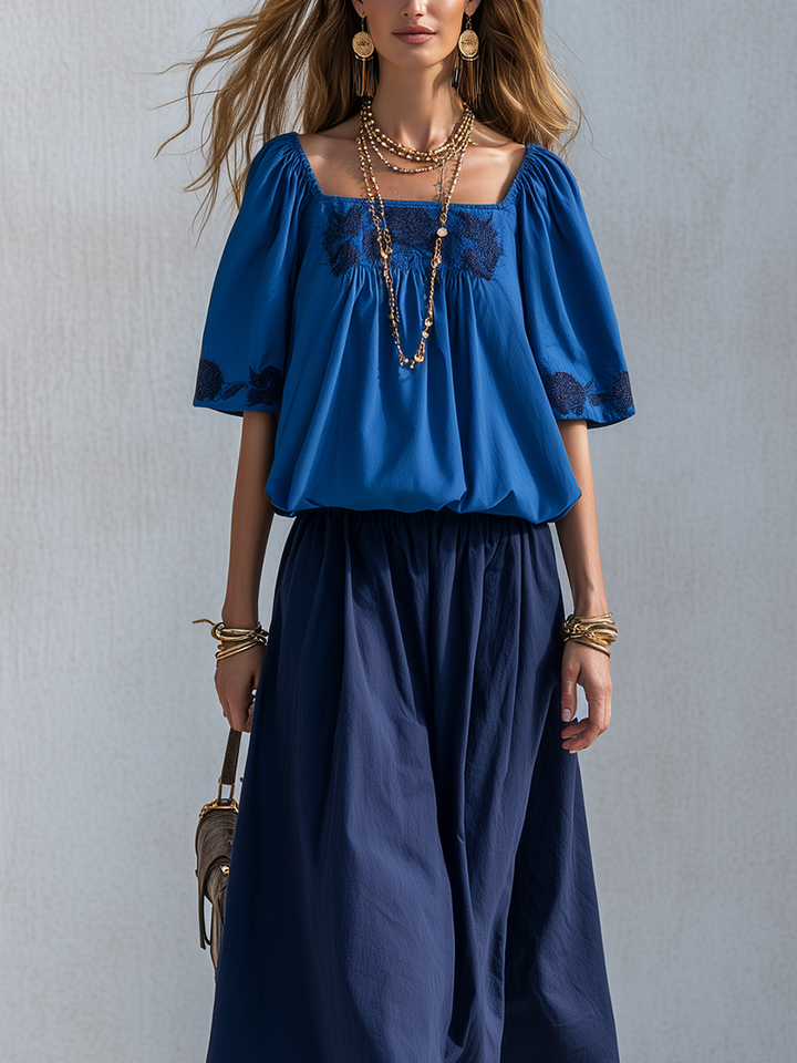 Briar | Cotton Linen-Look Blue Color-blocked Skirt Suit Set — view 2