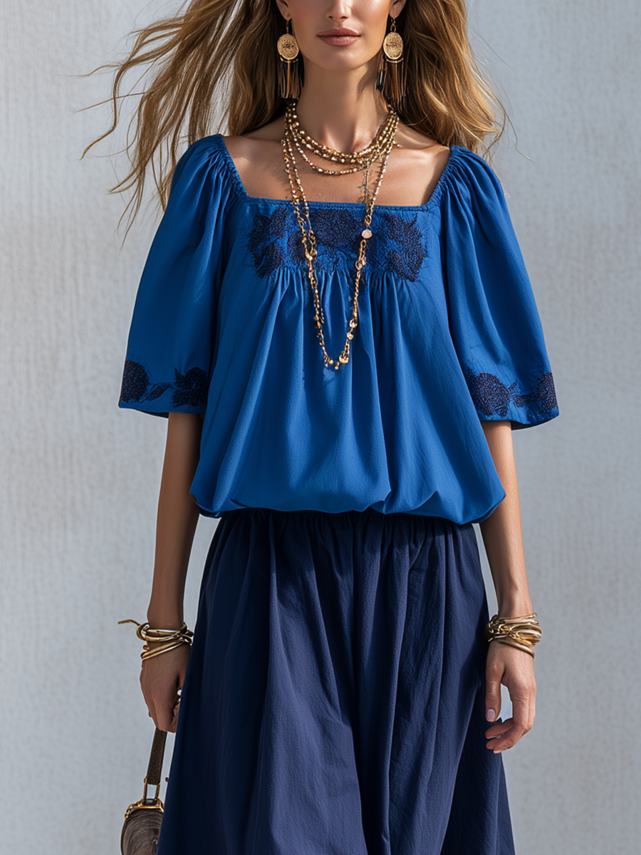 Briar | Cotton Linen-Look Blue Color-blocked Skirt Suit Set — view 3