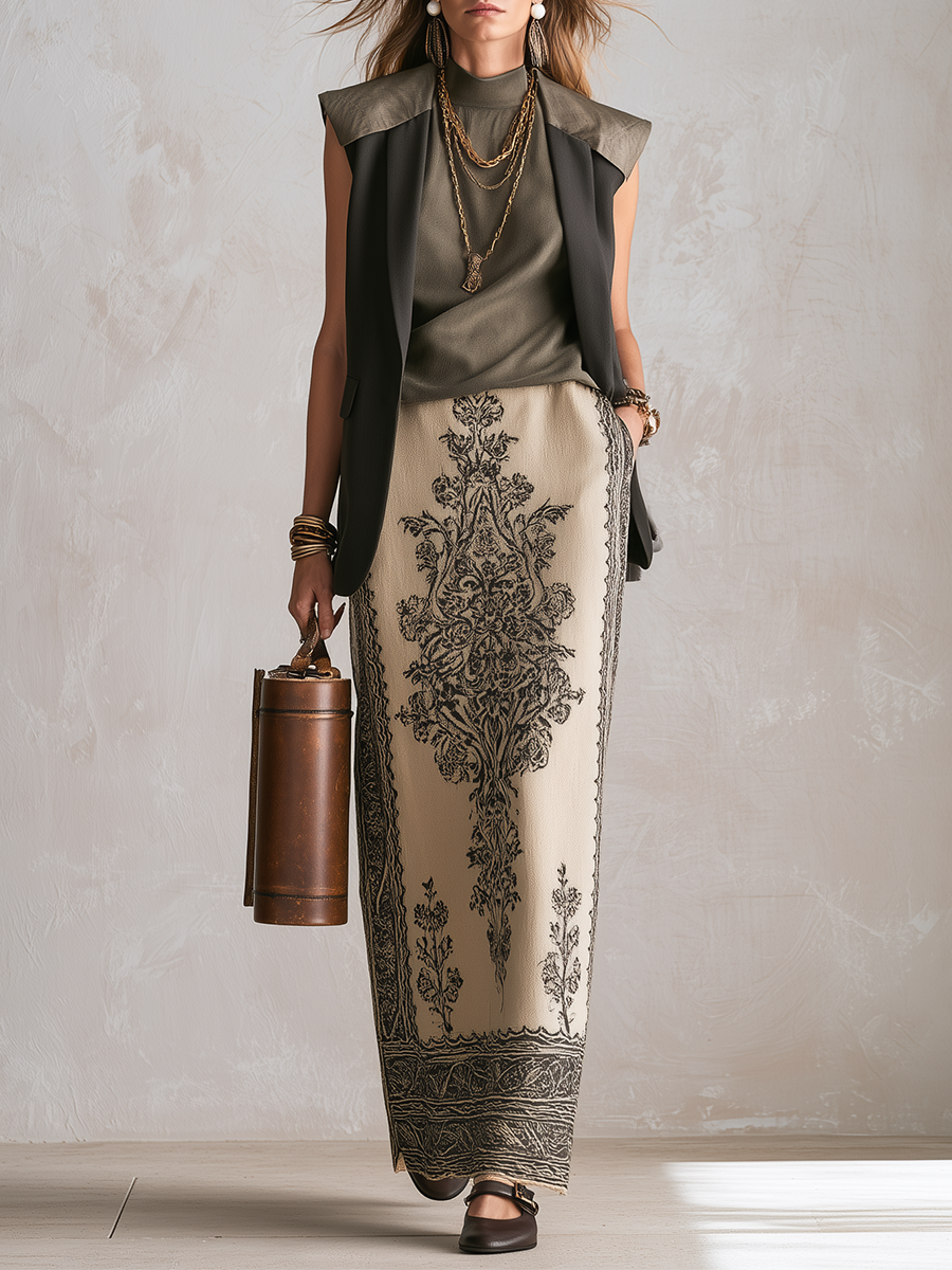 Adelaide | Olive Green Sleeveless Vest And Skirt Set